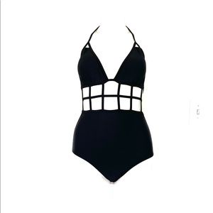 Black One Piece Detail Stomach Open Swim Suit